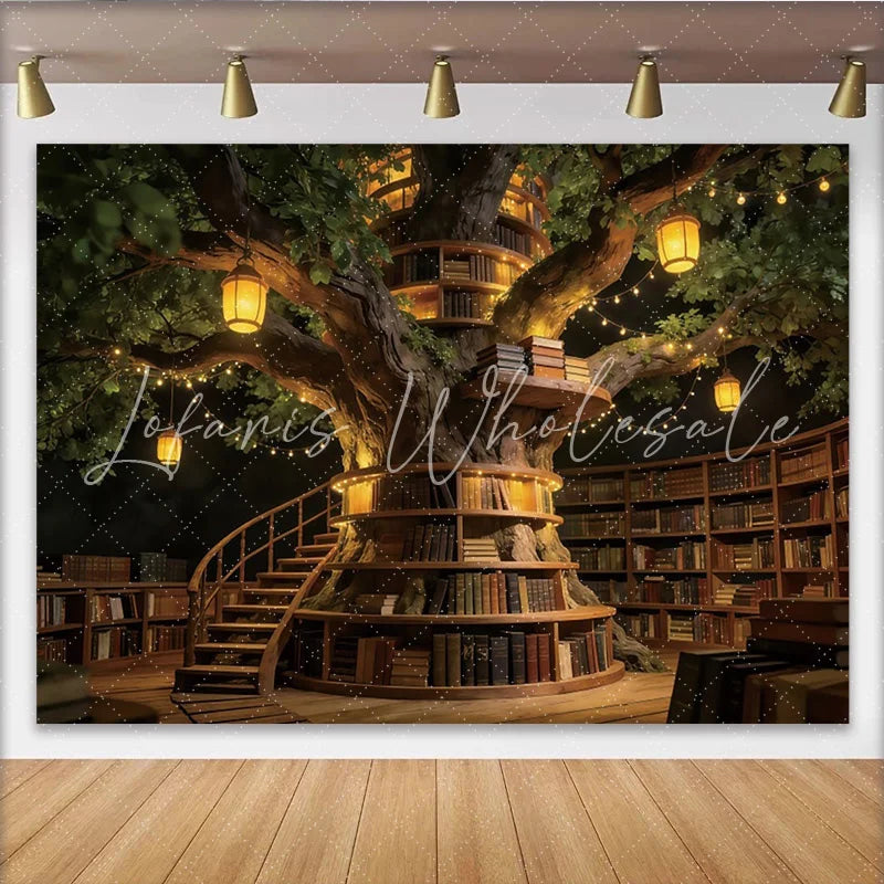 Lofaris Enchanted Tree Library Photography Backdrop with Warm Lights Magical Studio Background for Fantasy Portraits and Events