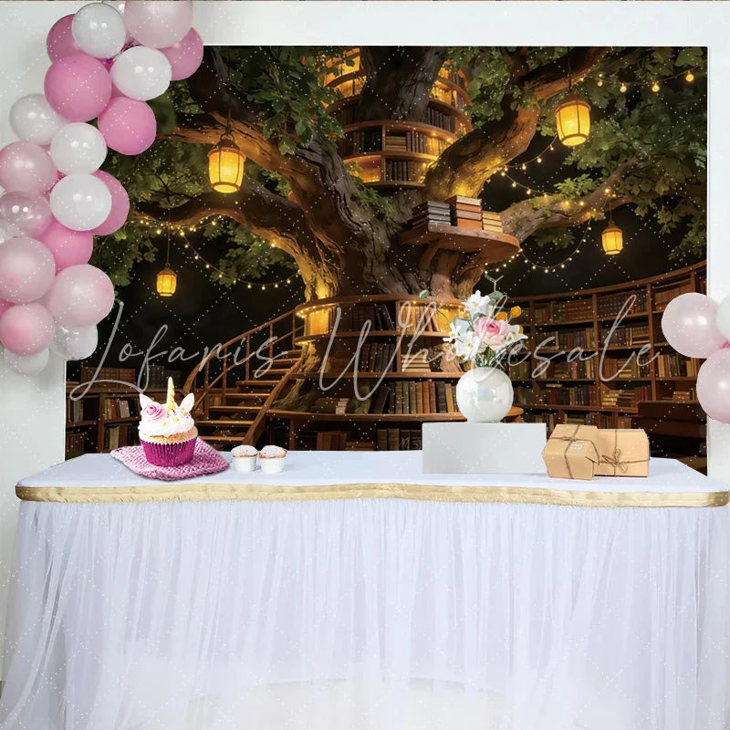 Lofaris Enchanted Tree Library Photography Backdrop with Warm Lights Magical Studio Background for Fantasy Portraits and Events