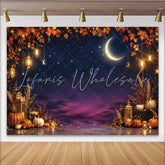 Lofaris Enchanting Autumn Night Holiday Backdrop with Crescent Moon Stars and Pumpkins Fall Harvest Party Decor for Photography