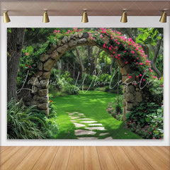 Lofaris Enchanting Lush Green Garden Stone Archway with Pink Roses Photography Backdrop Serene Nature Path Scene for Photo