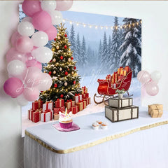 Lofaris Enchanting Snowy Christmas Tree Backdrop with Red Sleigh and Gifts Beautiful Winter Scene Background for Holiday Party Decor