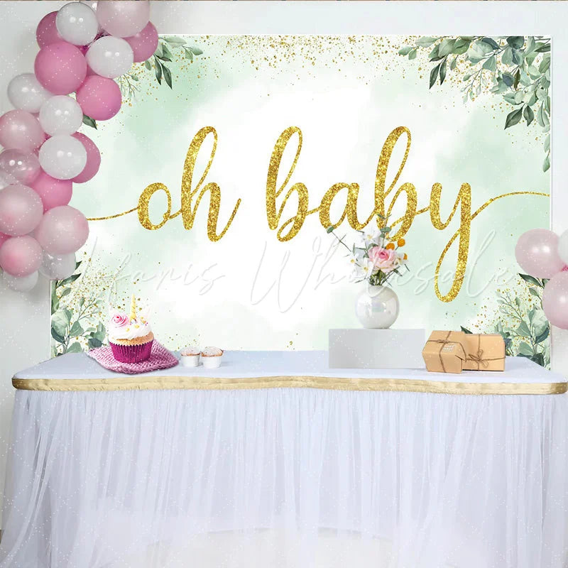 Lofaris Eucalyptus Greenery and Gold Glitter Baby Shower Backdrop Elegant Oh Baby Party Decoration