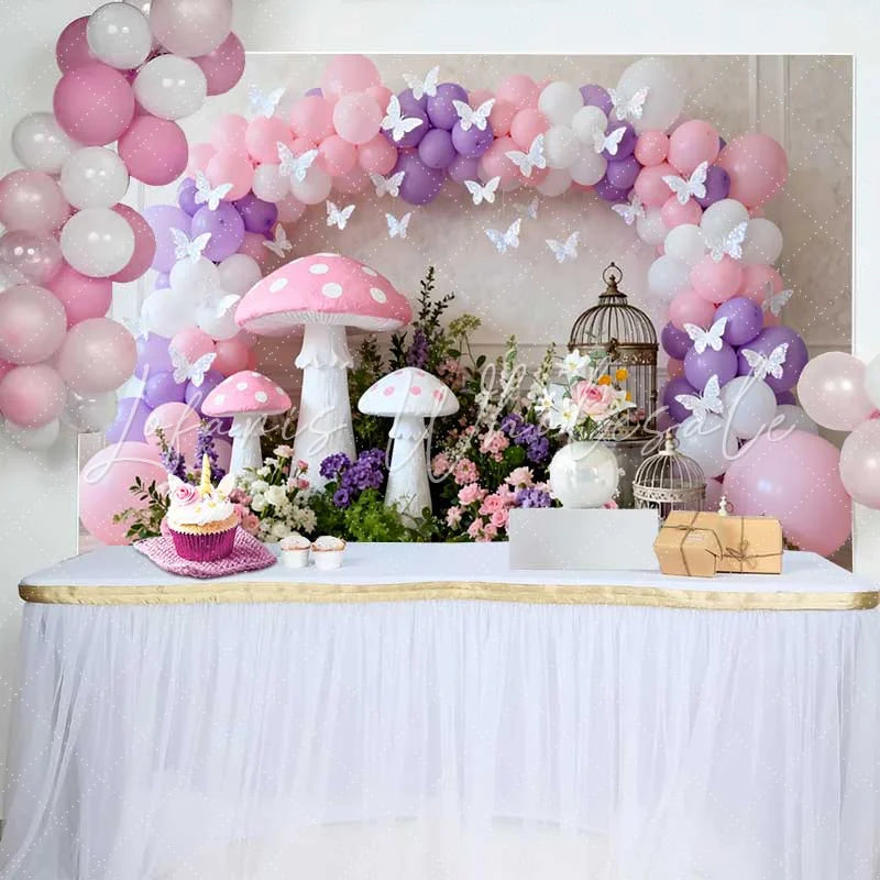 Lofaris Fairy Pink Mushroom and Birdcage Spring Backdrop Floral Balloon Arch Girls Birthday Party Background