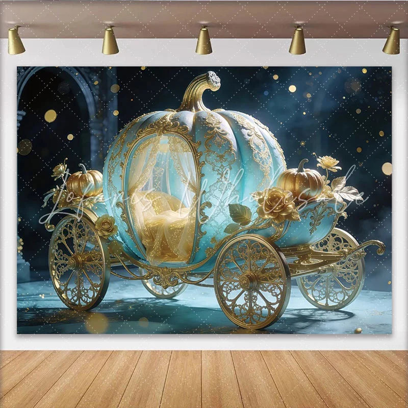 Lofaris Fairytale Blue and Gold Pumpkin Carriage Photography Backdrop Elegant Royal Background for Studio Photoshoot