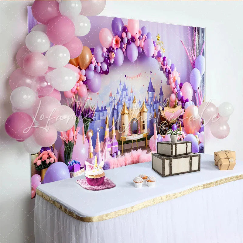 Lofaris Fairytale Purple Castle Photography Backdrop Princess Carriage and Balloon Photo Background