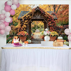 Lofaris Fall Harvest Archway Backdrop with Pumpkins and Leaves Rustic Wooden Gate Photography Background for Thanksgiving Party