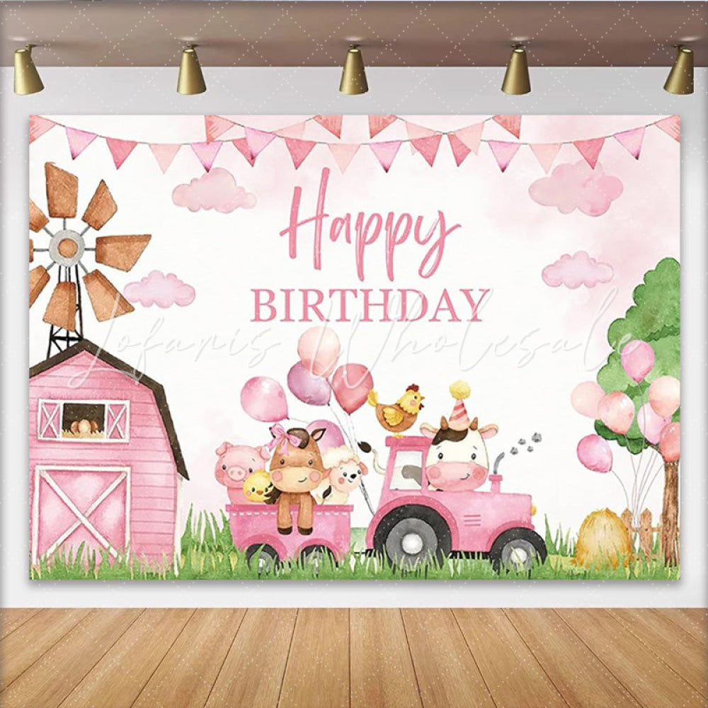 Lofaris Farm Animals Pink Barn Girls Party Decoration Birthday Backdrop
