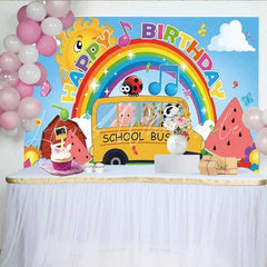 Lofaris Farm Animals School Bus Birthday Backdrop Rainbow and Barn Party Background for Toddlers