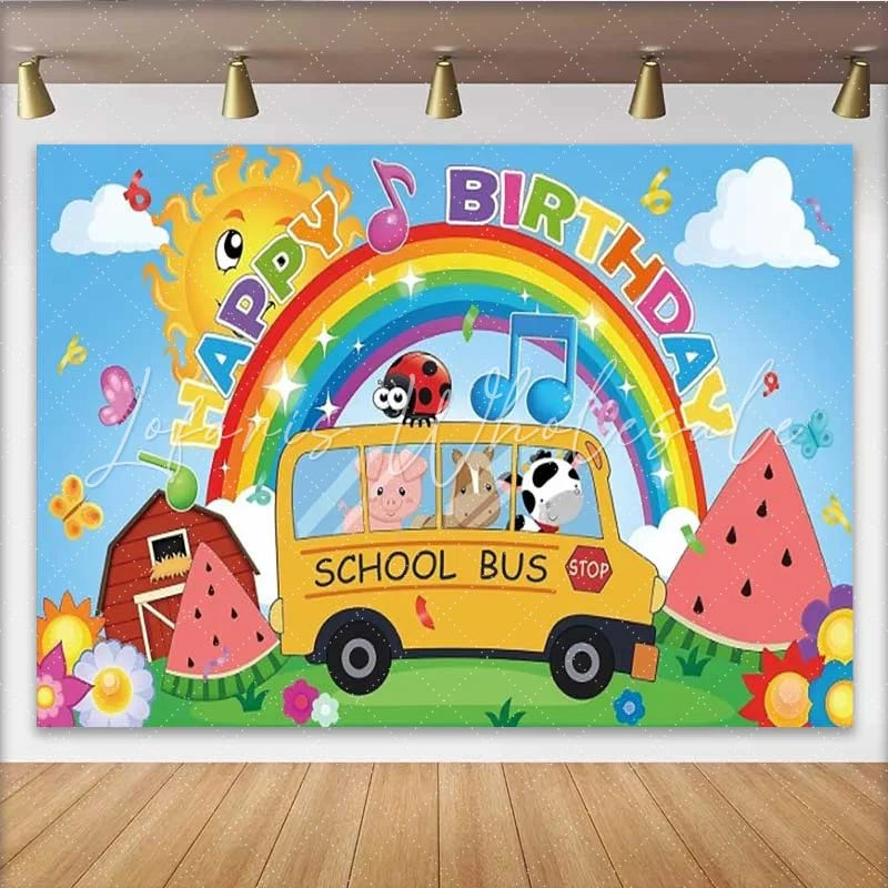 Lofaris Farm Animals School Bus Birthday Backdrop Rainbow and Barn Party Background for Toddlers