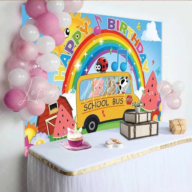 Lofaris Farm Animals School Bus Birthday Backdrop Rainbow and Barn Party Background for Toddlers