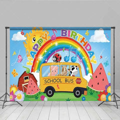 Lofaris Farm Animals School Bus Birthday Backdrop Rainbow and Barn Party Background for Toddlers