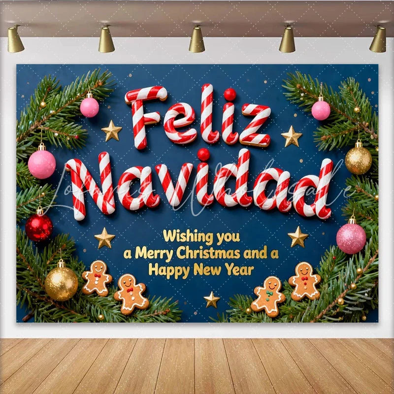 Lofaris Feliz Navidad Candy Cane Letters Party Backdrop with Gingerbread Men Festive Christmas New Year Decor
