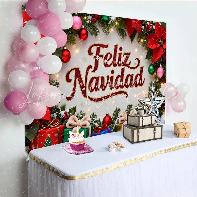 Lofaris Feliz Navidad Christmas Party Backdrop with Poinsettias Pine Branches and Festive Gifts