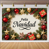Lofaris Feliz Navidad Holiday Party Backdrop with Festive Red and Gold Ornaments Pine Branches and Gift Boxes
