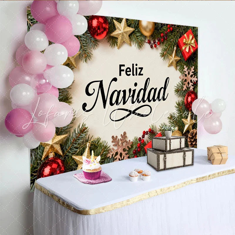 Lofaris Feliz Navidad Holiday Party Backdrop with Festive Red and Gold Ornaments Pine Branches and Gift Boxes
