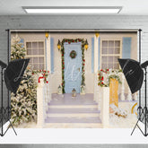 Lofaris Festive Blue Door Snowy House Steps Xmas Backdrop