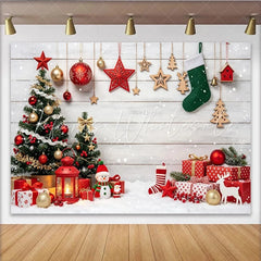 Lofaris Festive Christmas Backdrop with Decorated Trees Gifts and Falling Snow Winter Holiday Scene for Photography and Party Decor