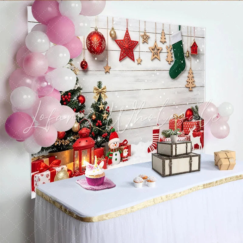 Lofaris Festive Christmas Backdrop with Decorated Trees Gifts and Falling Snow Winter Holiday Scene for Photography and Party Decor