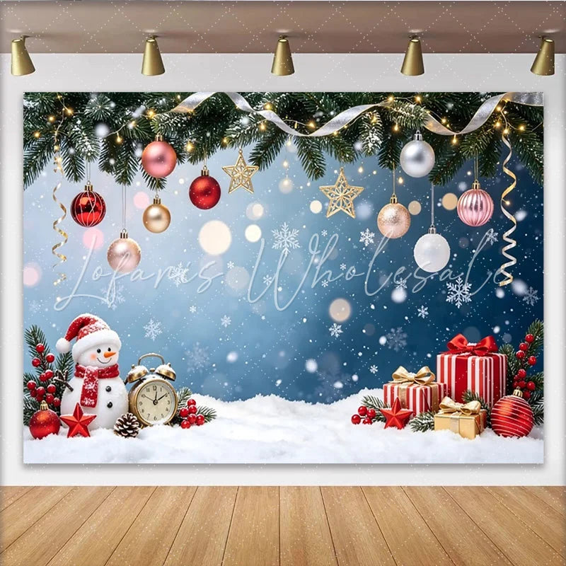 Lofaris Festive Christmas Backdrop with Snowman Gifts and Ornaments Snowy Winter Holiday Background for Photography and Party Decor