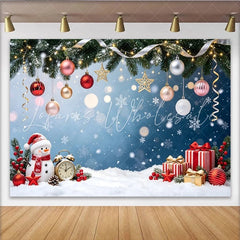 Lofaris Festive Christmas Backdrop with Snowman Gifts and Ornaments Snowy Winter Holiday Background for Photography and Party Decor