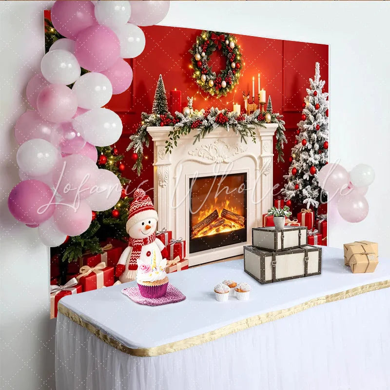 Lofaris Festive Christmas Fireplace Backdrop with Decorated Trees and Gifts Snowman and Wreath Holiday Decor for Family Photoshoot