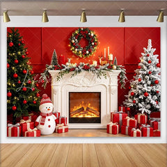 Lofaris Festive Christmas Fireplace Backdrop with Decorated Trees and Gifts Snowman and Wreath Holiday Decor for Family Photoshoot