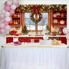 Lofaris Festive Christmas Kitchen Backdrop with Snowy Window and Wreath Cozy Holiday Decor Background for Family Photos and Winter Party