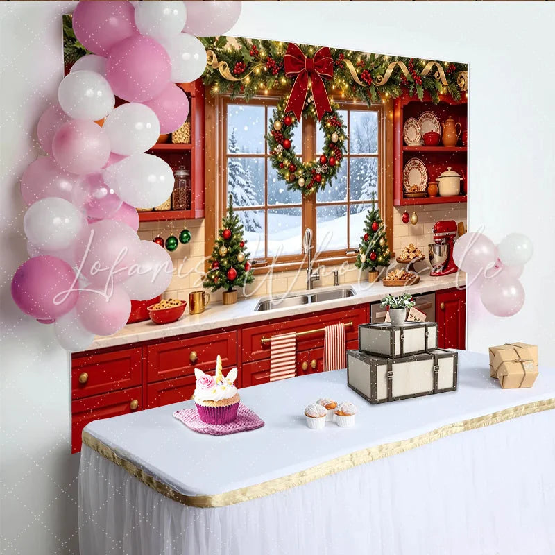 Lofaris Festive Christmas Kitchen Backdrop with Snowy Window and Wreath Cozy Holiday Decor Background for Family Photos and Winter Party