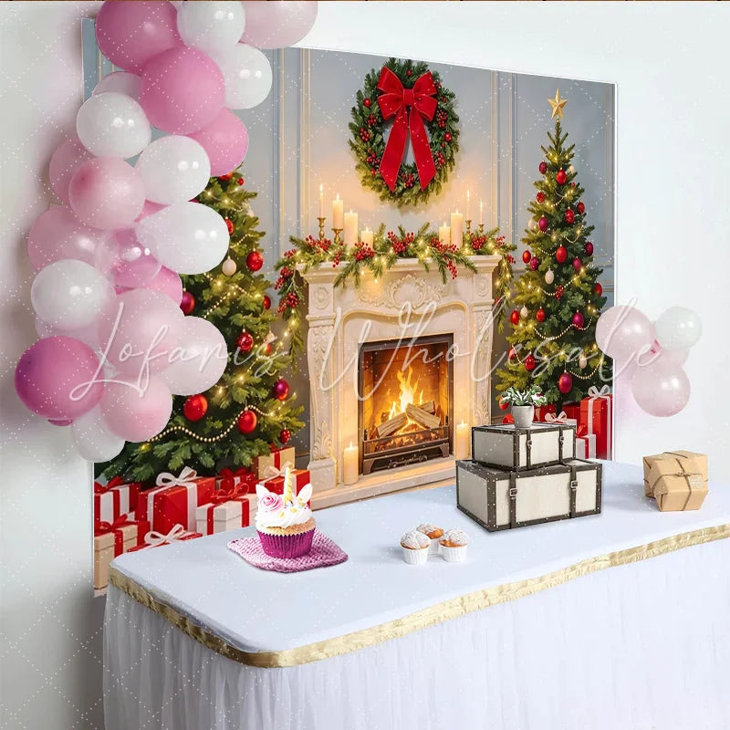 Lofaris Festive Christmas Tree and Fireplace Backdrop with Gifts Elegant Holiday Background for Family Photos and Winter Parties