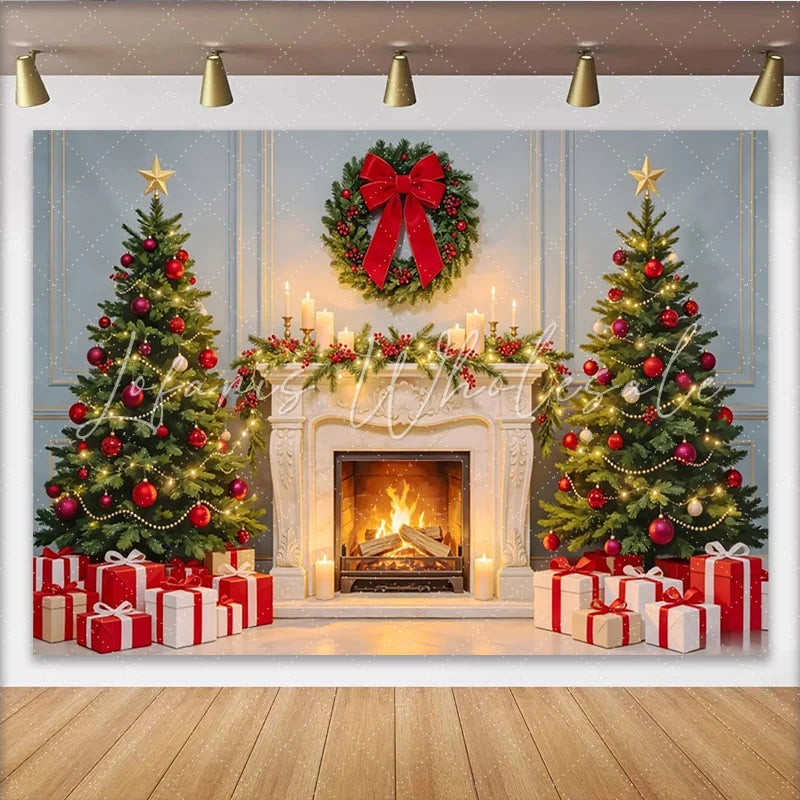 Lofaris Festive Christmas Tree and Fireplace Backdrop with Gifts Elegant Holiday Background for Family Photos and Winter Parties
