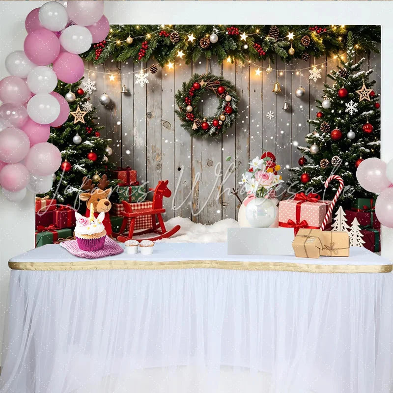 Lofaris Festive Christmas Tree and Snowman Holiday Backdrop with Gifts and Snow Wooden Wall Background for Winter Party Photography