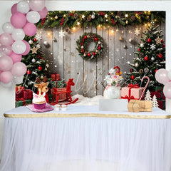Lofaris Festive Christmas Tree and Snowman Holiday Backdrop with Gifts and Snow Wooden Wall Background for Winter Party Photography