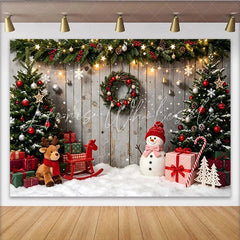 Lofaris Festive Christmas Tree and Snowman Holiday Backdrop with Gifts and Snow Wooden Wall Background for Winter Party Photography