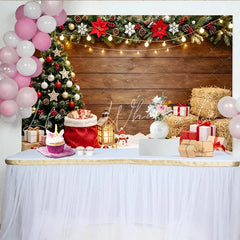 Lofaris Festive Christmas Tree Backdrop with Gifts and Wooden Wall Cozy Holiday Scene Background for Winter Photography