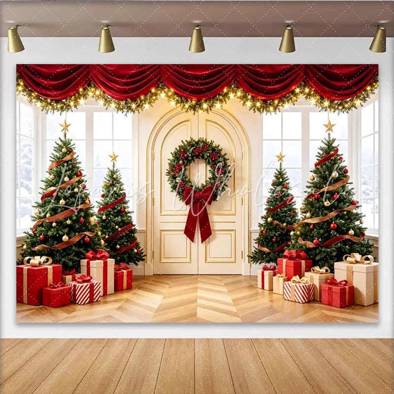 Lofaris Festive Christmas Tree Photography Backdrop with Red Drapes and Gifts Elegant Holiday Background for Winter Decor