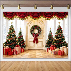 Lofaris Festive Christmas Tree Photography Backdrop with Red Drapes and Gifts Elegant Holiday Background for Winter Decor