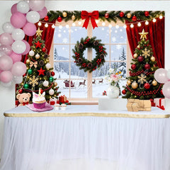 Lofaris Festive Christmas Tree Window Backdrop with Snowy Landscape and Gifts Winter Holiday Photography Background for Family Party Decor