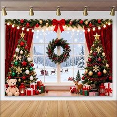 Lofaris Festive Christmas Tree Window Backdrop with Snowy Landscape and Gifts Winter Holiday Photography Background for Family Party Decor