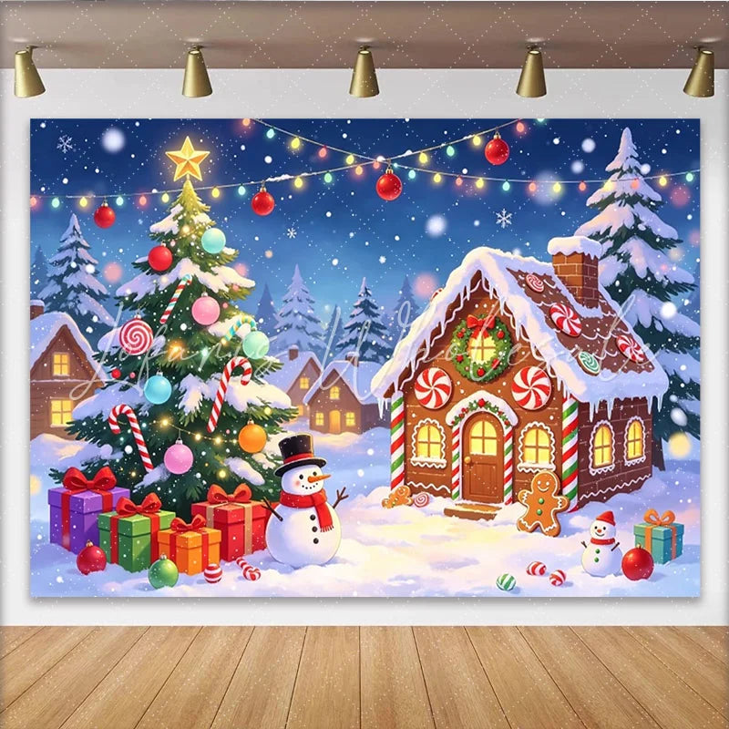 Lofaris Festive Christmas Winter Village Backdrop Gingerbread House and Snowman Scene Background for Holiday Party Decor