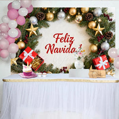 Lofaris Festive Feliz Navidad Christmas Wreath Party Backdrop Gold and Silver Ornaments for Holiday Decor
