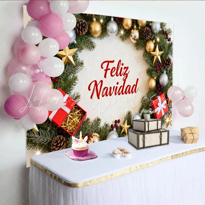 Lofaris Festive Feliz Navidad Christmas Wreath Party Backdrop Gold and Silver Ornaments for Holiday Decor