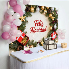 Lofaris Festive Feliz Navidad Christmas Wreath Party Backdrop Gold and Silver Ornaments for Holiday Decor