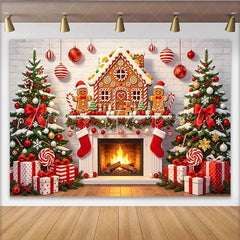 Lofaris Festive Gingerbread House Christmas Backdrop with Decorated Trees Cozy Fireplace Background for Holiday Party Decoration