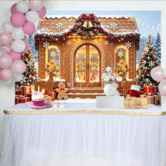 Lofaris Festive Gingerbread House Christmas Backdrop with Snowy Trees and Gifts Winter Holiday Photo Background for Party Decor