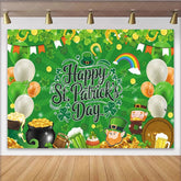 Lofaris Festive Green Happy St. Patrick’s Day Party Backdrop featuring Shamrocks Leprechaun and Pot of Gold