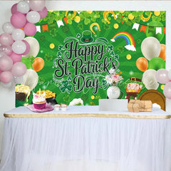 Lofaris Festive Green Happy St. Patrick’s Day Party Backdrop featuring Shamrocks Leprechaun and Pot of Gold