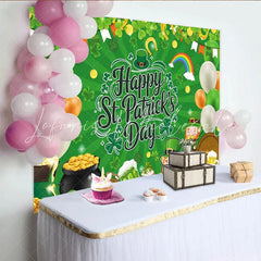 Lofaris Festive Green Happy St. Patrick’s Day Party Backdrop featuring Shamrocks Leprechaun and Pot of Gold