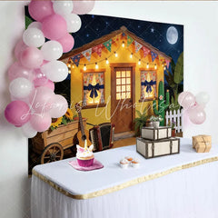 Lofaris Festive Mexican Fiesta Backdrop with Yellow House and String Lights Full Moon Night Background for Party Decor