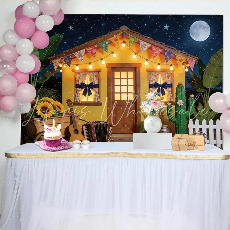 Lofaris Festive Mexican Fiesta Backdrop with Yellow House and String Lights Full Moon Night Background for Party Decor