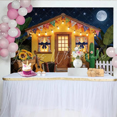 Lofaris Festive Mexican Fiesta Backdrop with Yellow House and String Lights Full Moon Night Background for Party Decor